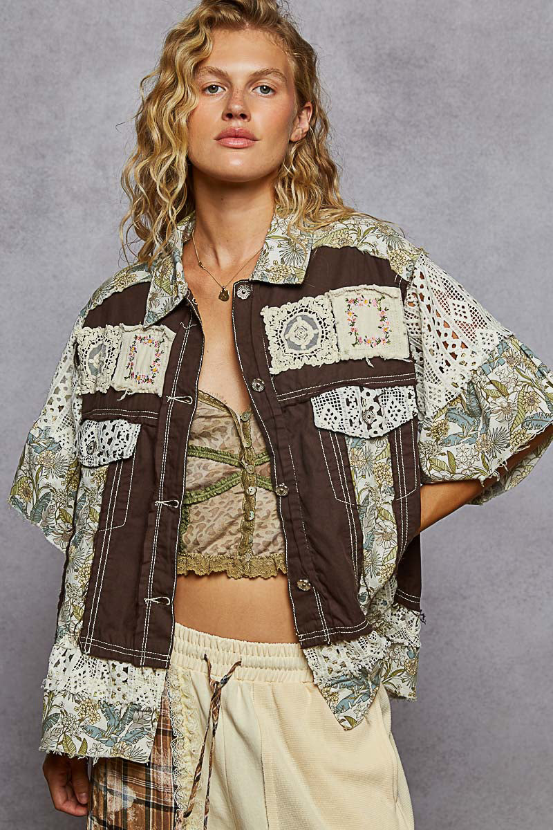 POL Espresso Lace & Patch Work Jacket