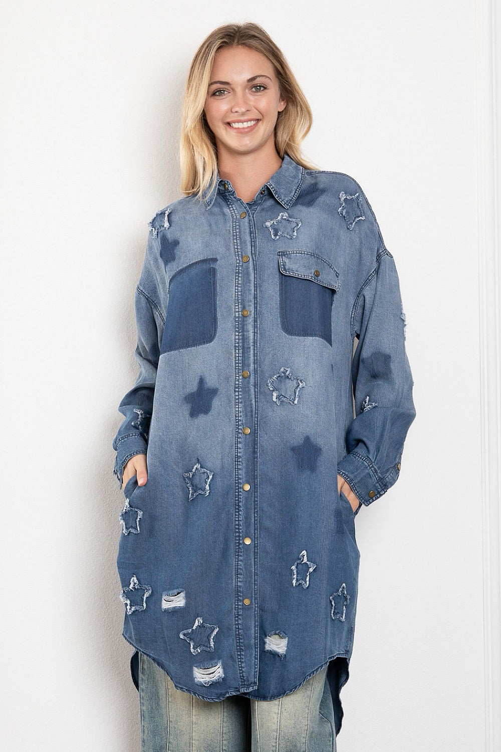 Relaxed Fit Button Down Shirt W/ Star Patch Detail