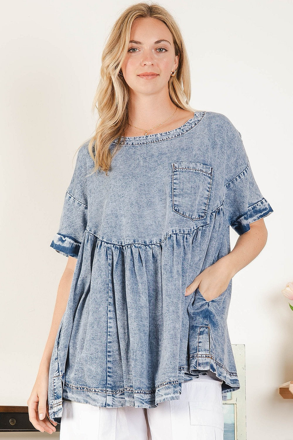 Blue Velvet Babydoll Washed Top W/ Pockets