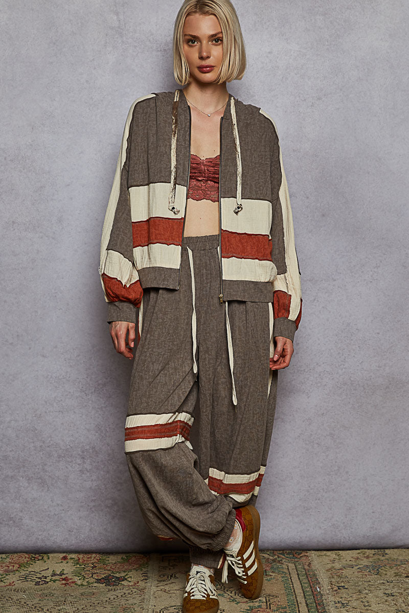 POL Color Block Patch Work Charcoal Hoodie Jacket Jogger Set