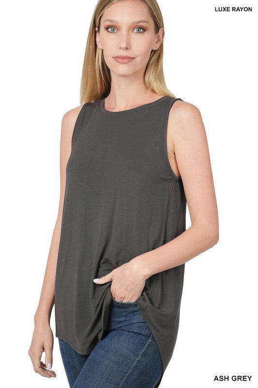 Luxe Rayon Sleeveless Round Neck Hi-Low Hem Top-FINAL SALE