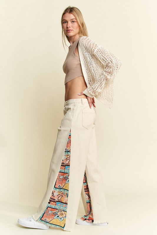 Mid Rise Paisley Print Patchwork Straight Leg Pants