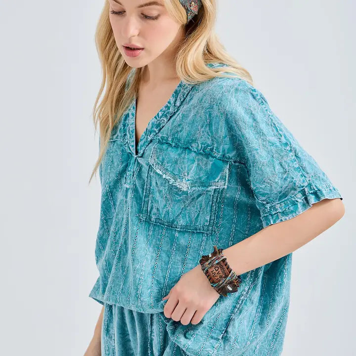 Mineral Wash Floral Eyelet V Neck Top