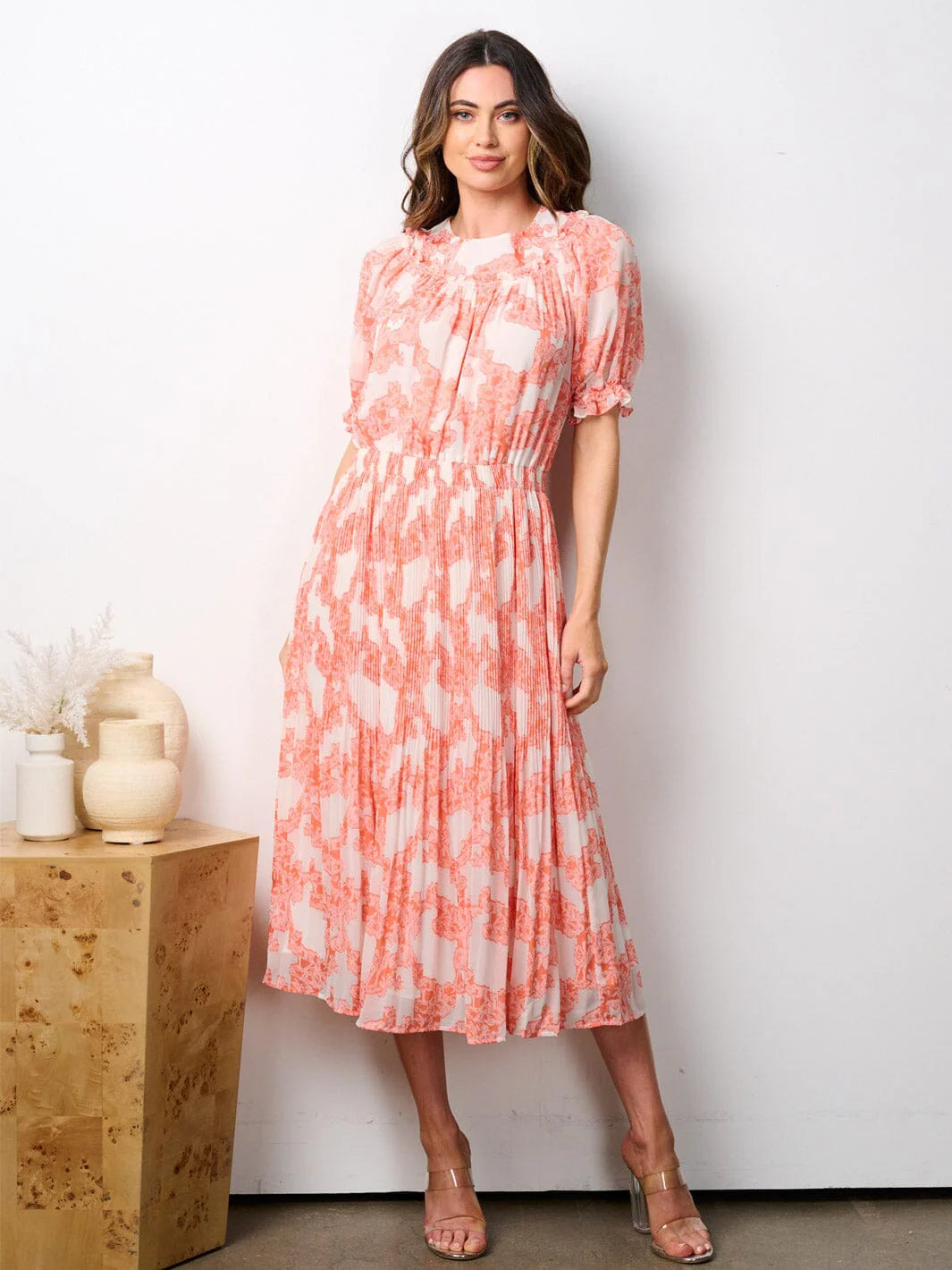 Dolly Elastic Waist, Pleated Print Midi Dress-FINAL SALE