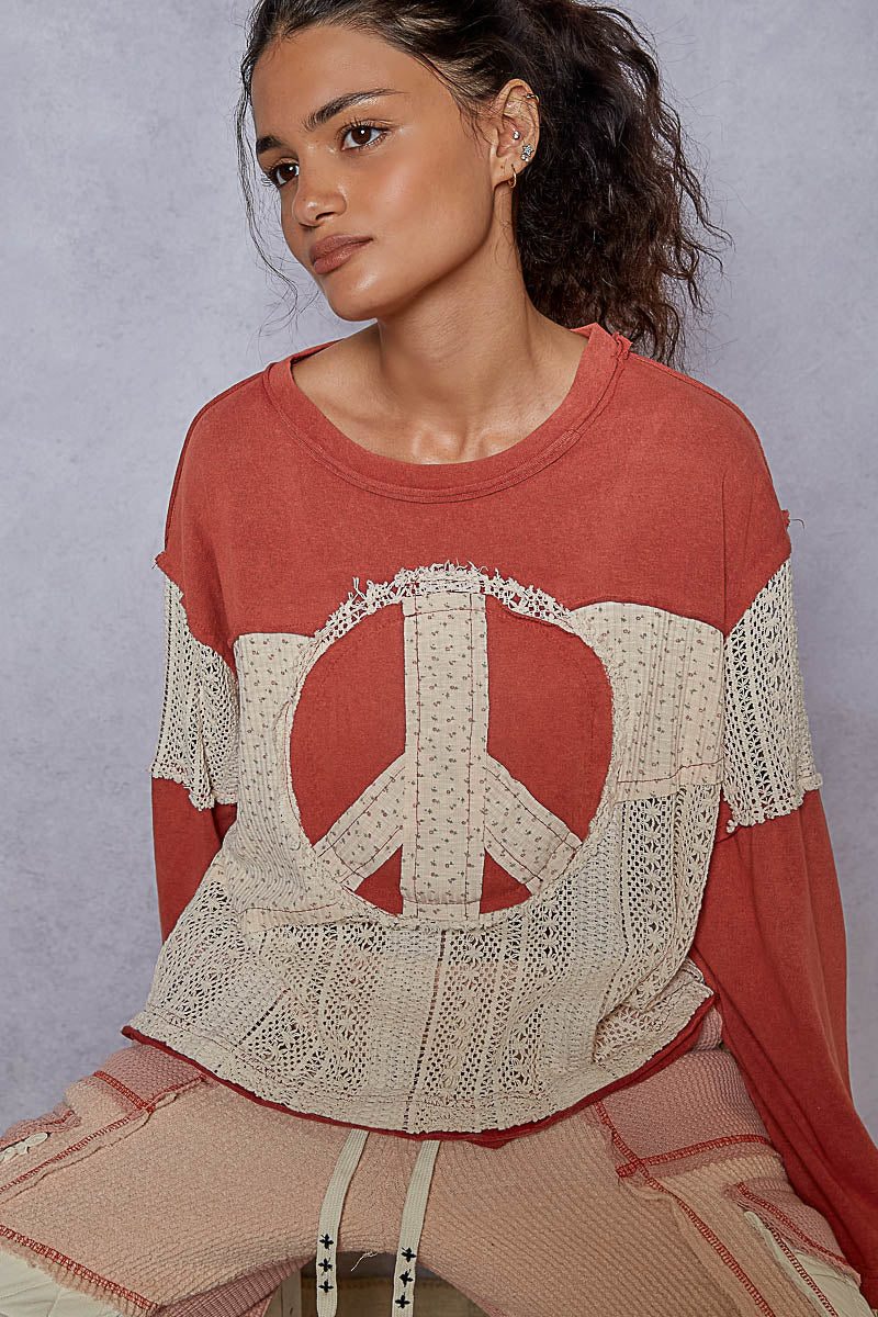 POL Peace Sign Crochet Patchwork Top