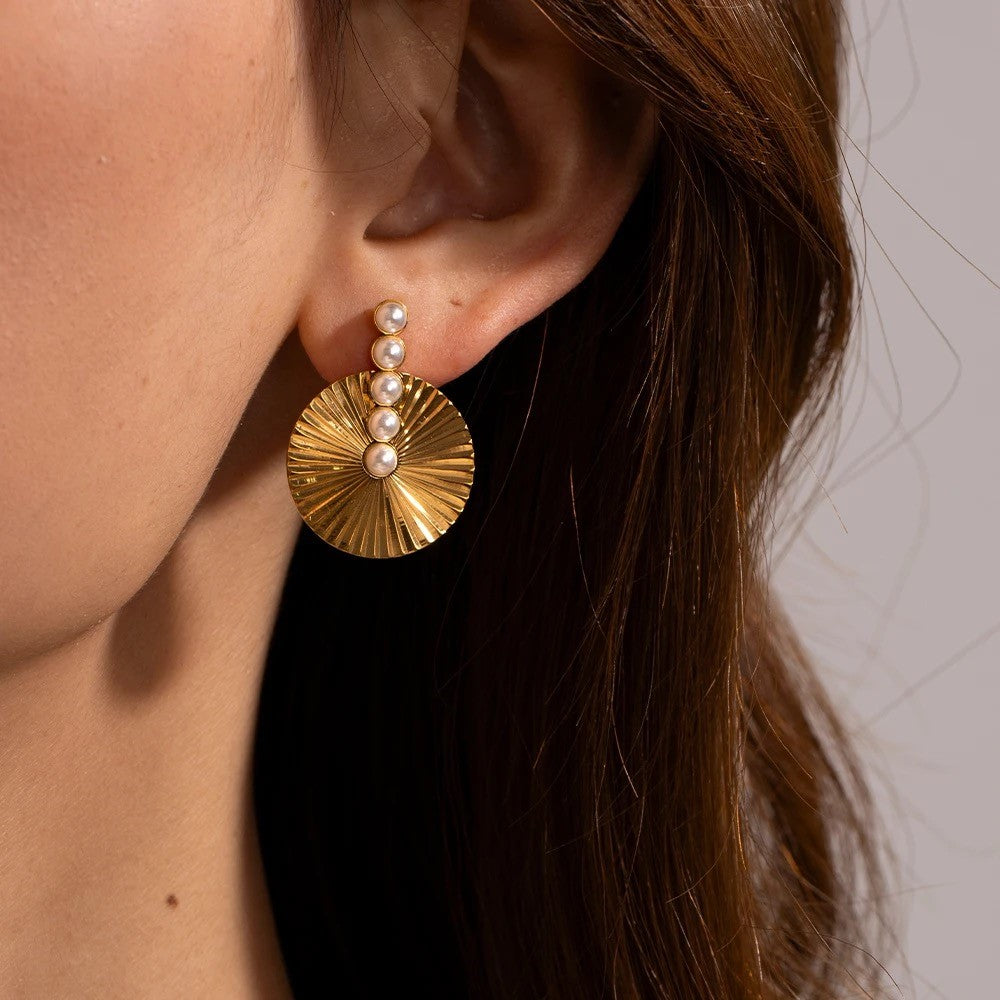 Fan Shaped Pearl 18K Gold Plated Earrings