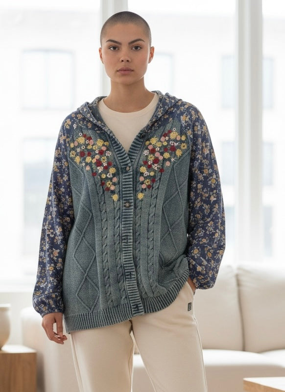 POL Embroidered Cable Knit Floral Hoodie Cardigan