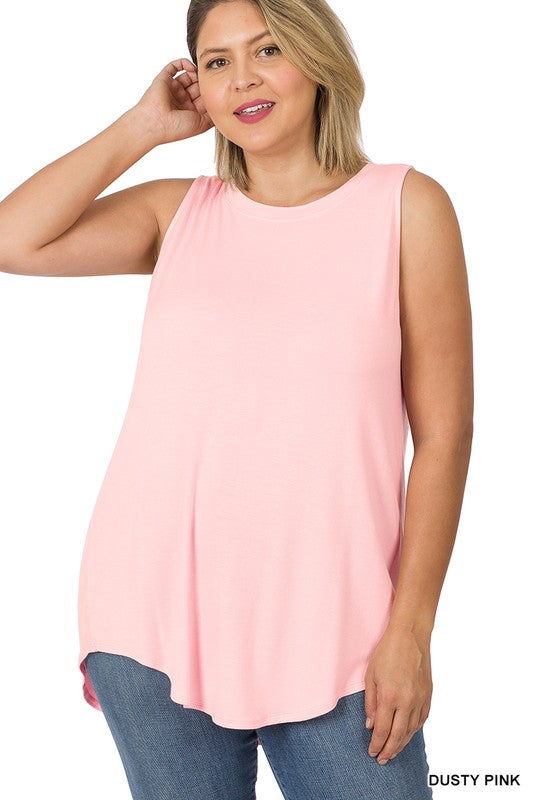 Plus - Luxe Rayon Sleeveless Round Neck Hi-Low Hem Top-FINAL SALE