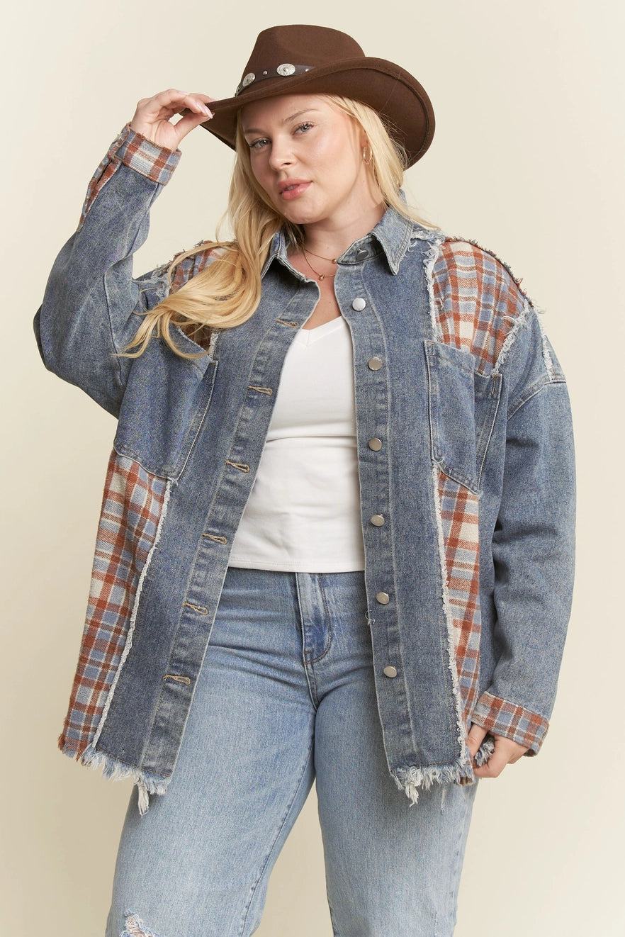 Plus Size Denim & Plaid Color Block Jacket with Unfinished Hem