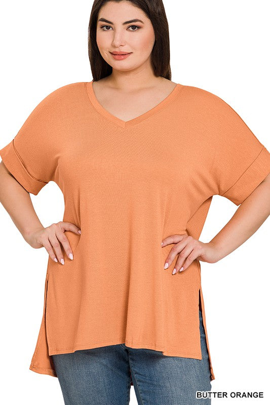 Plus Rolled Short Sleeve Side Slit Hi-Low Hem Top-FINAL SALE