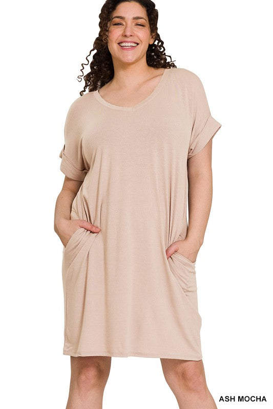 Plus Rolled Short Sleeve V Neck Dress-FINAL SALE