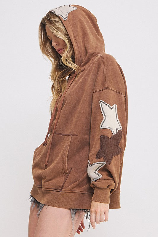 Plus Size Mineral Washed Long Sleeve Star Patch Hoodie