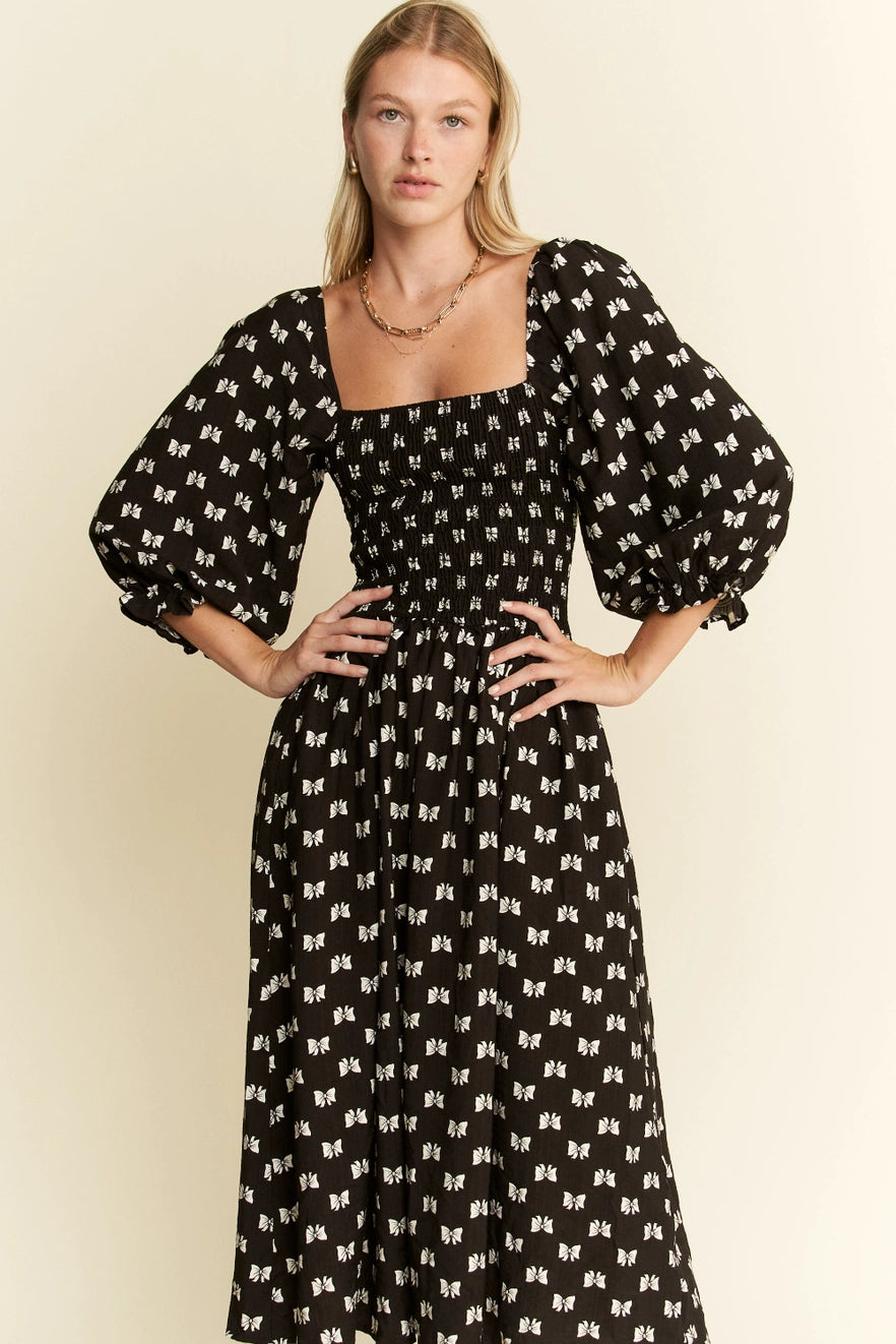 Ribbon Puff Sleeve Midi Dress