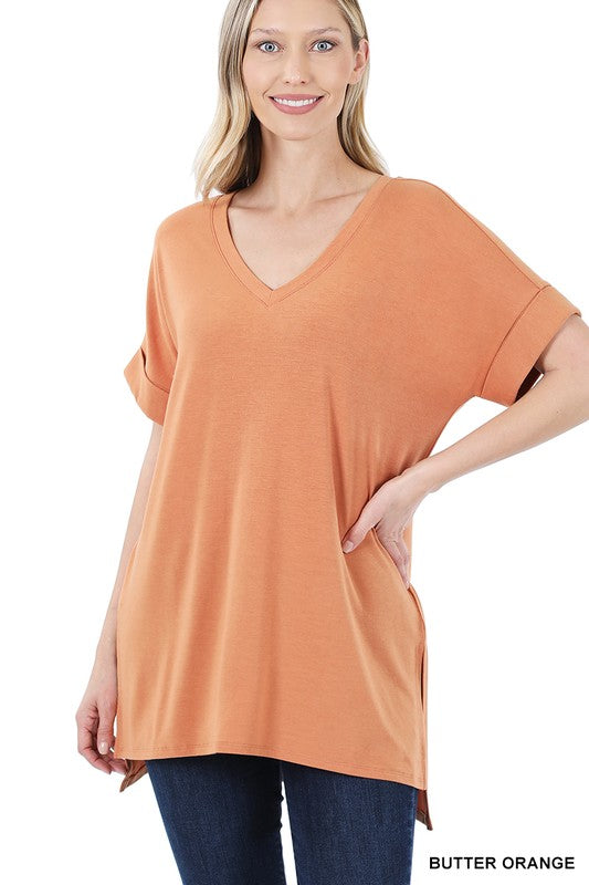 Rolled Short Sleeve Side Slit Hi-Low Hem Top-FINAL SALE