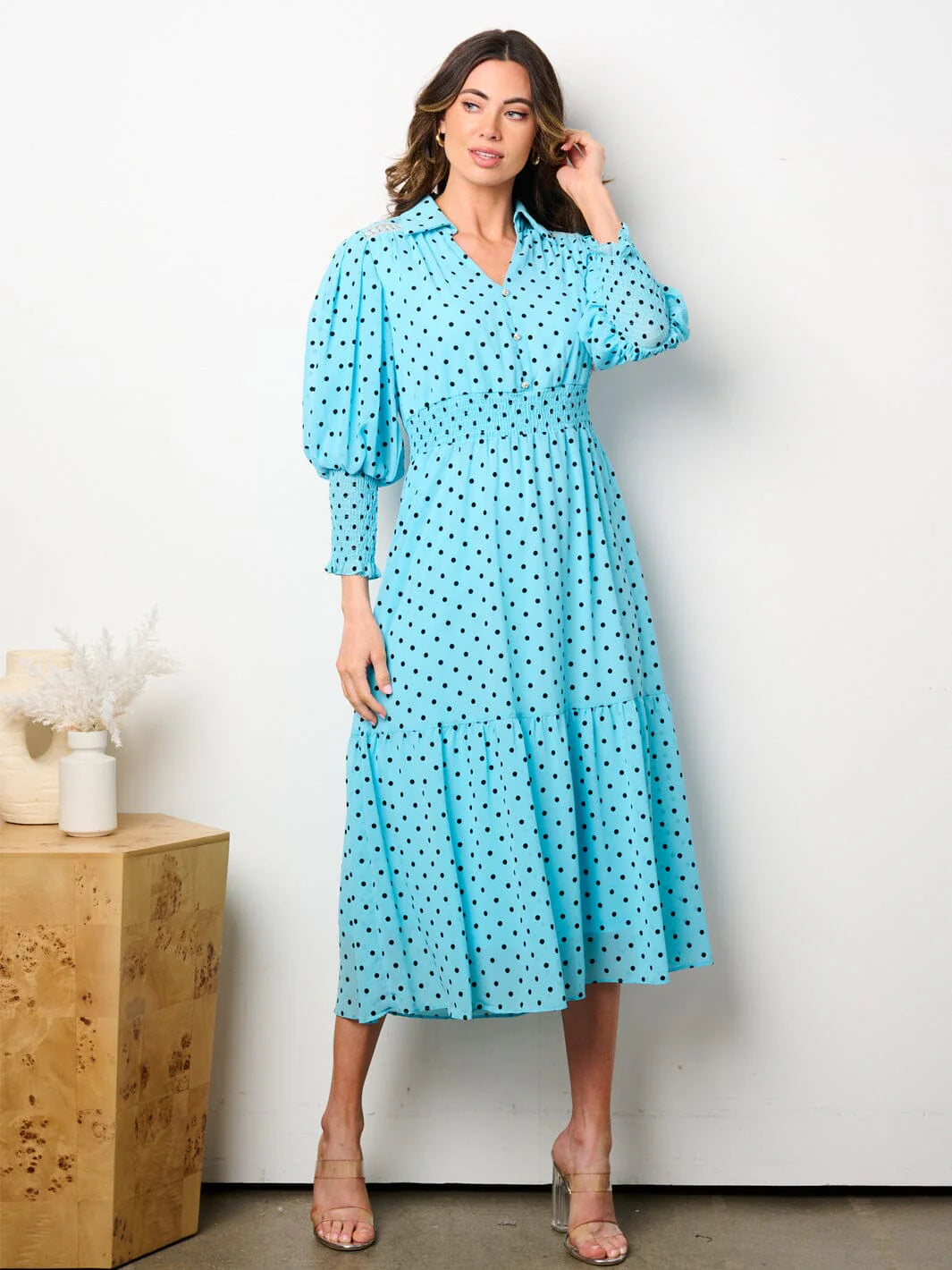 Jenny Smocked Waist, Polka Dot Midi Dress-FINAL SALE