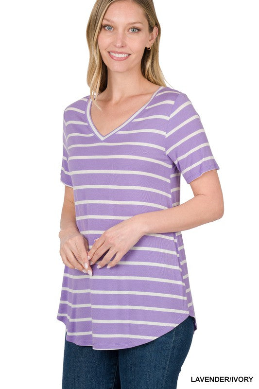 Stripe V Neck Short Sleeve Top-FINAL SALE