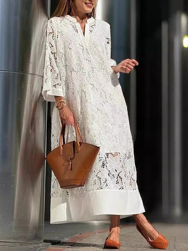 V Neck Bell Sleeve Crochet Floral Dress