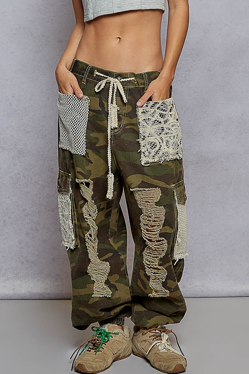 POL Vintage Wash Crochet Patch Distressed Camo Joggers