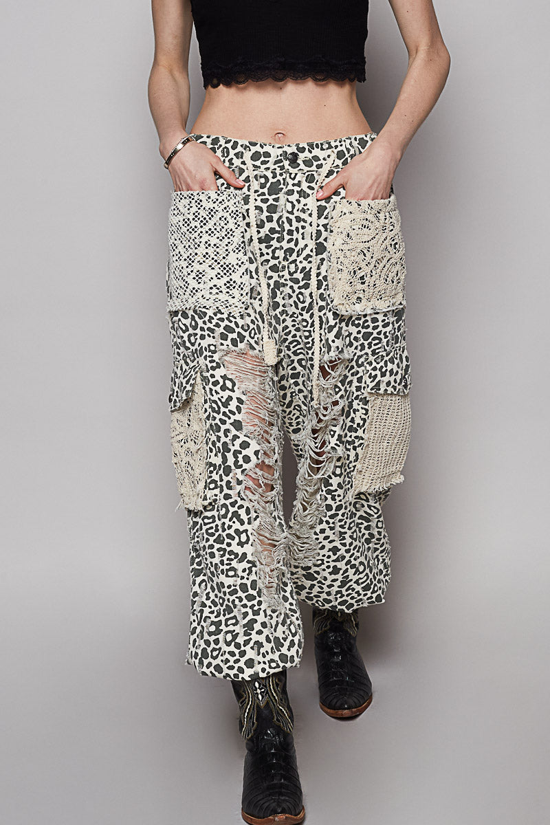 POL Vintage Wash Crochet Patch Distressed Green Leopard Joggers