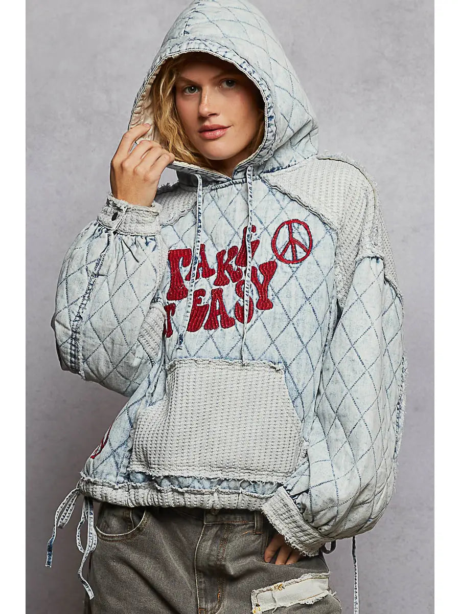 POL Vintage Wash Front Pocket Peace Quilted Woven Hoodie Top