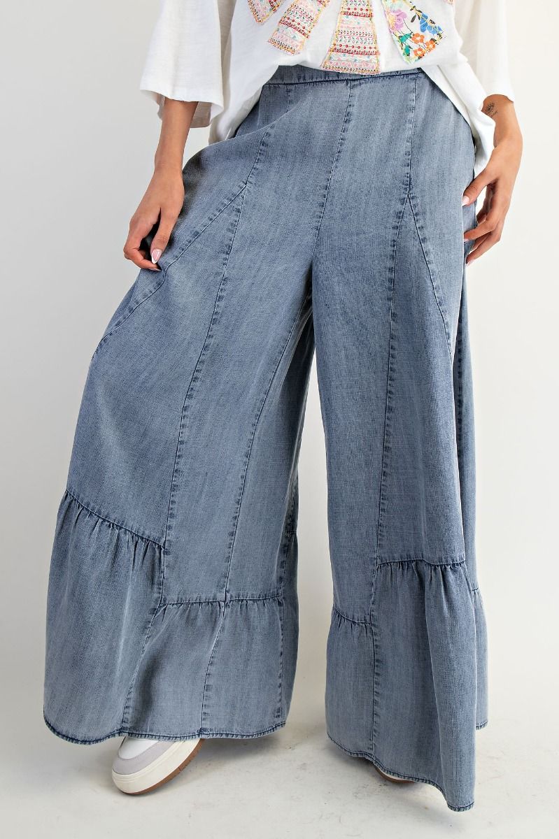 Ruffle Bottom Hem Washed Wide Leg Denim Palazzo Pants