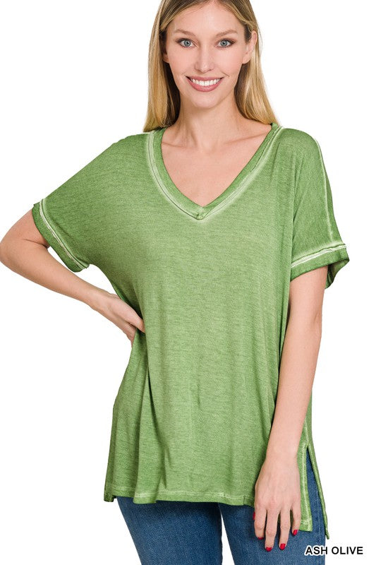 Washed V Neck Short Sleeve Hi-Low Hem Top-FINAL SALE