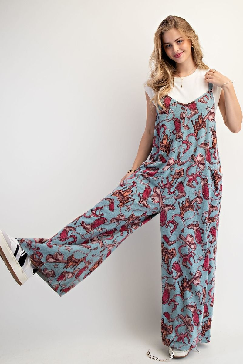 Western Print Soft Jumpsuit-Dusty Blue