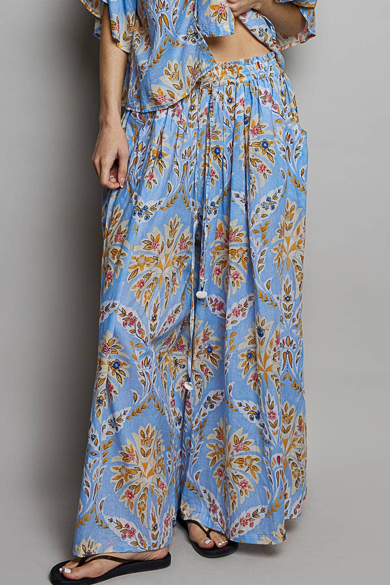 Flowy Floral Pleated Drawstring Waistband Woven Pants