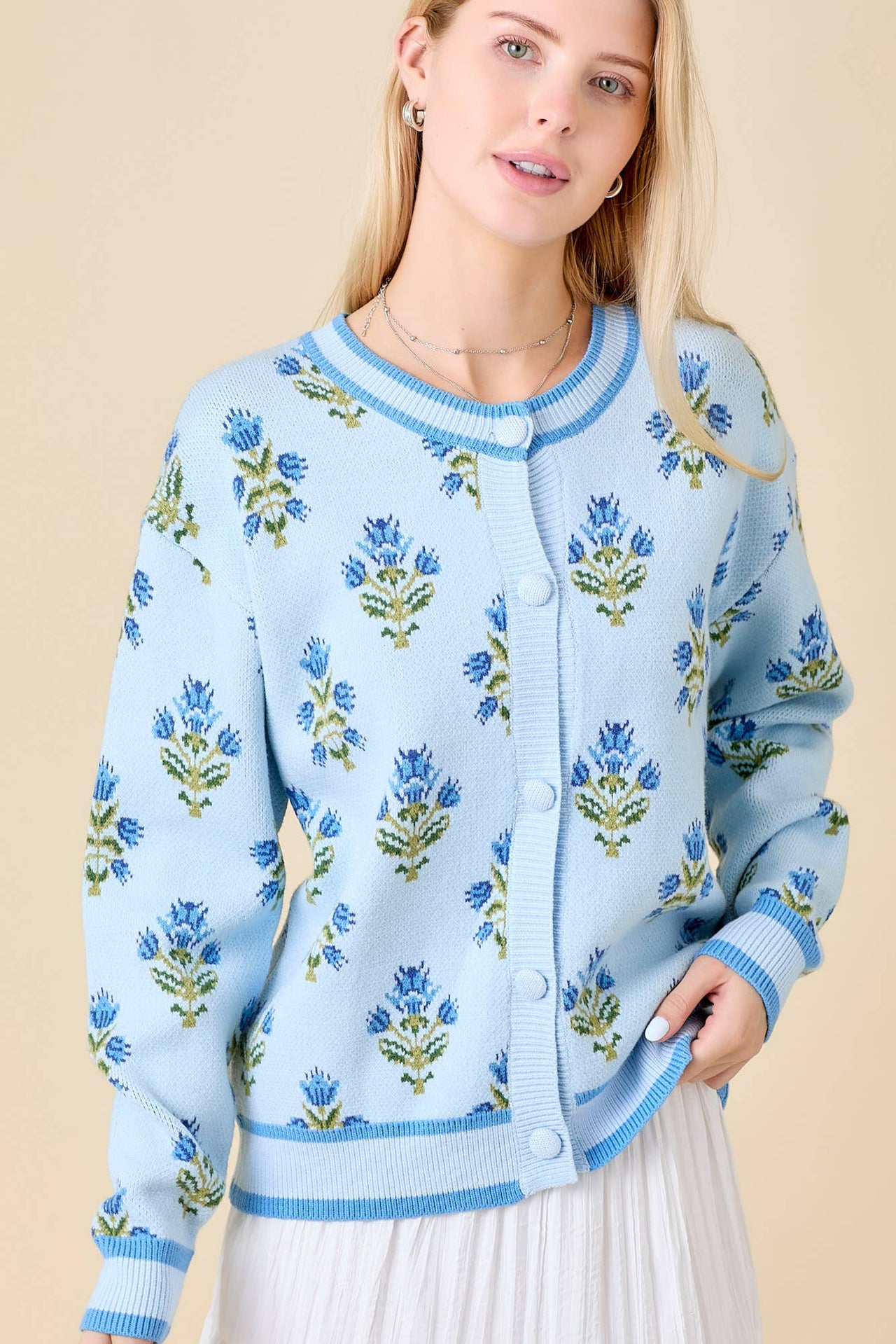 Floral Jacquard Sweater Knit Cardigan