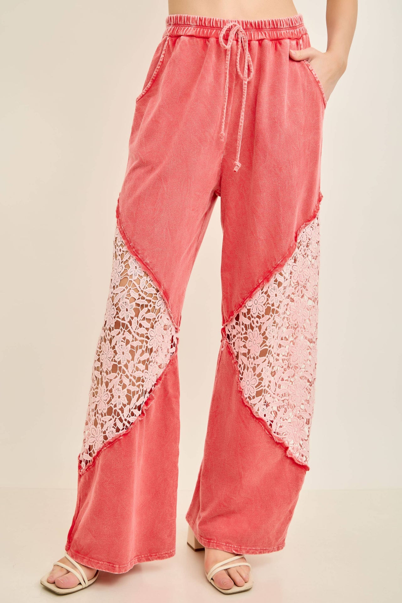 Mineral Washed Floral Lace Elastic Waist Cool Pants