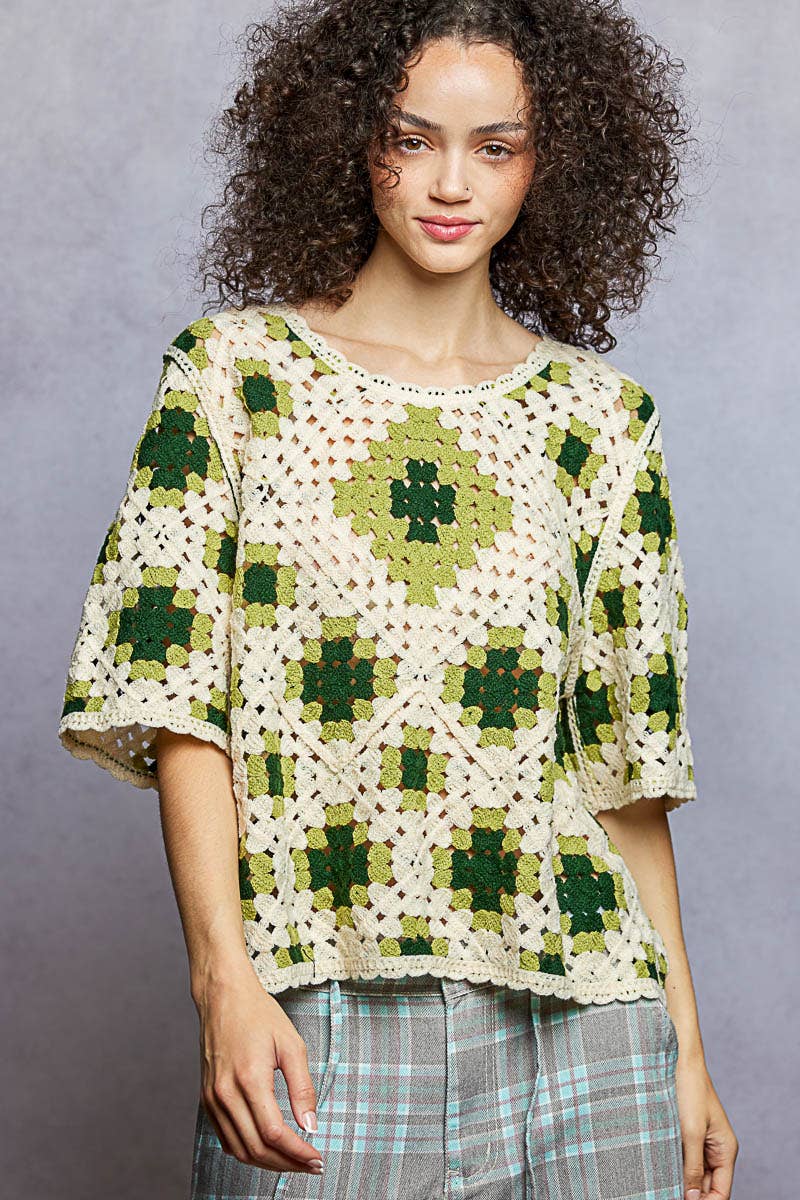 Round Neck Short Sleeve Varied Color Crochet Top