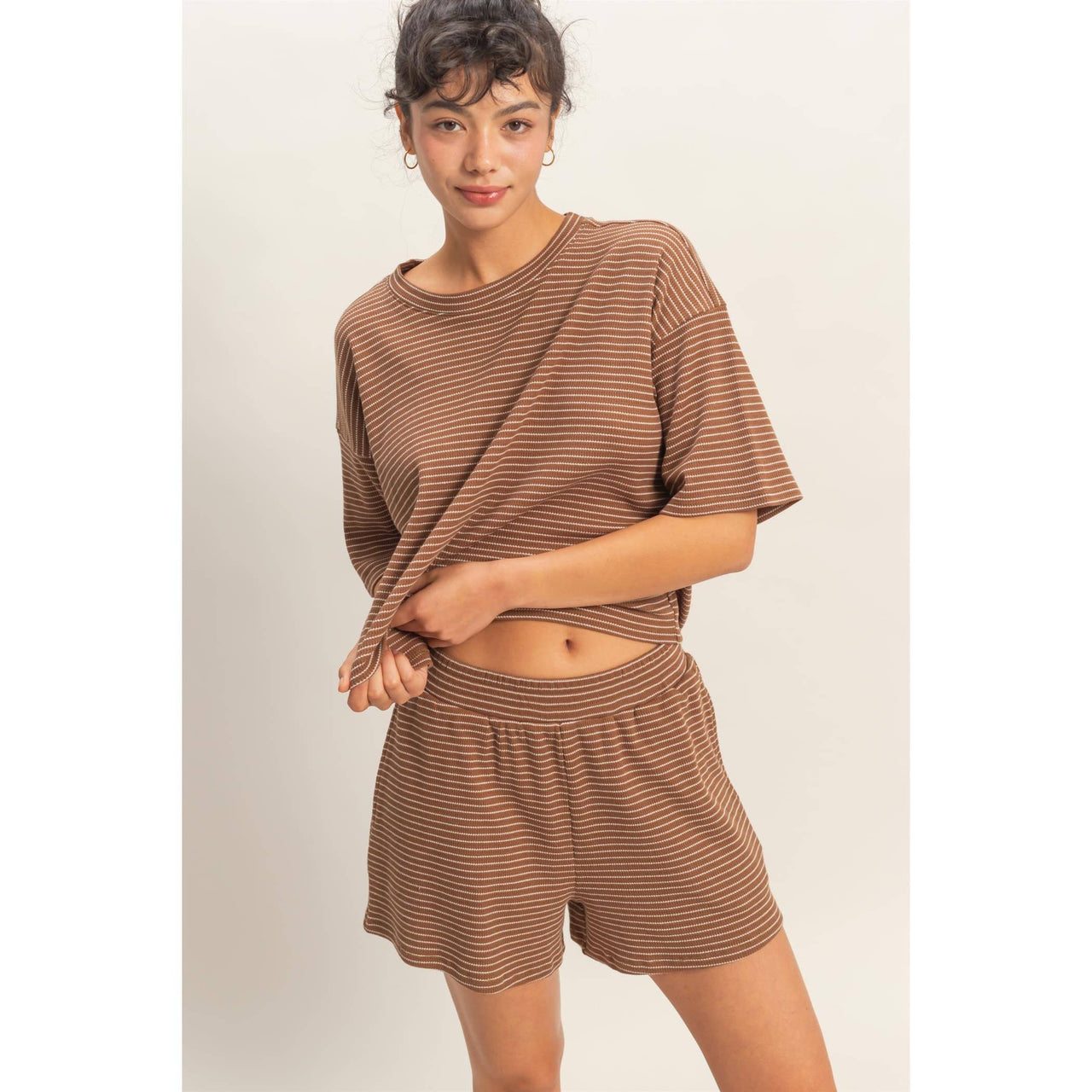 Striped Round Neck Ribbed Top & Shorts Set