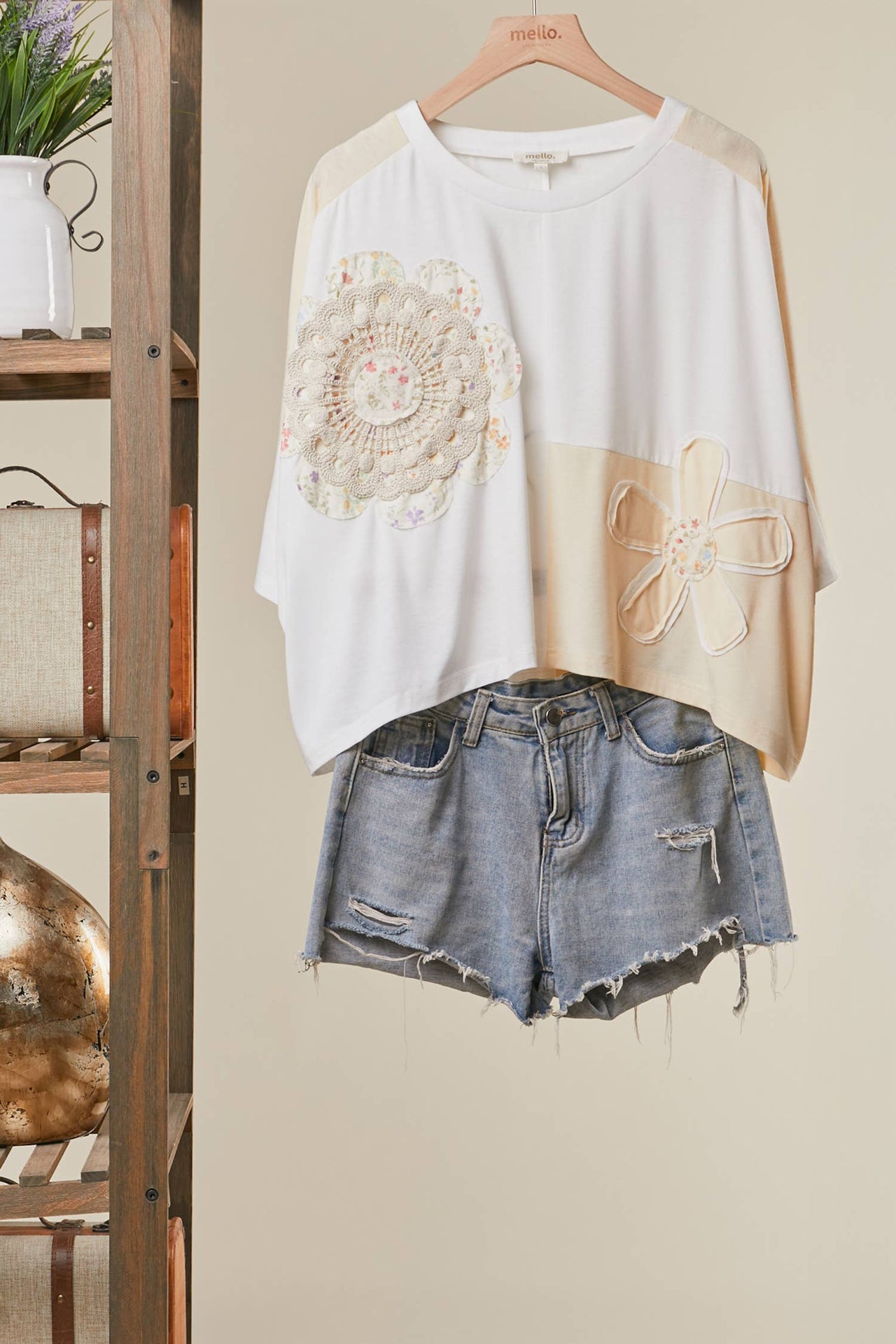 Mello Oversized Embroidered Crochet Patch Work Top