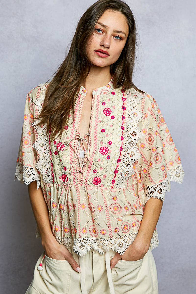 Floral Embroidery Lace Trim Print Light Blouse Top