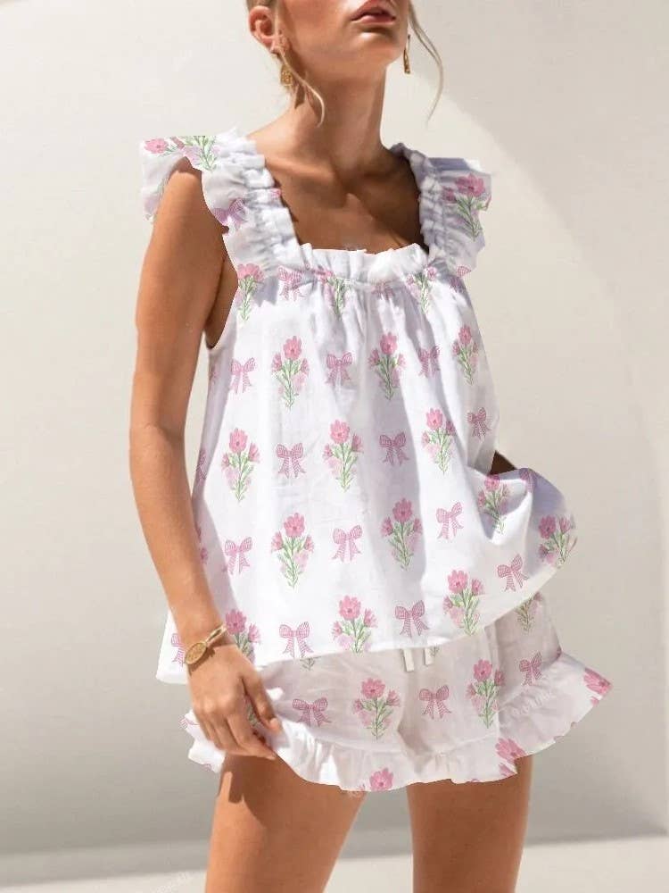 Floral & Ribbon Bow Print Ruffled Tank Top Shorts Set