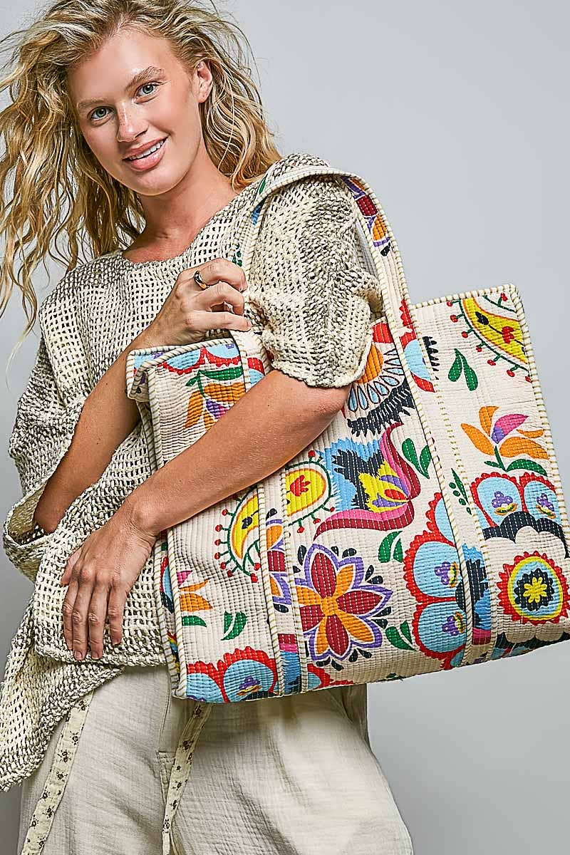 Cotton Printed Cream Tote Bag