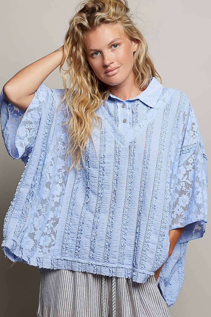 Lace Patch Solid Lightweight Short Sleeve Collared Knit Top