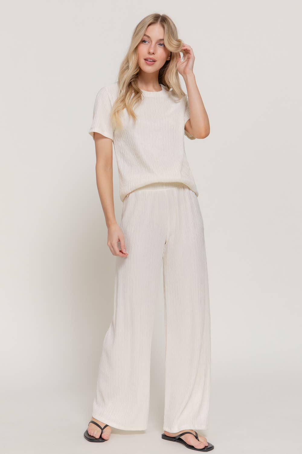 Short Sleeve Top & Wide Crinkle Knit Pants Set