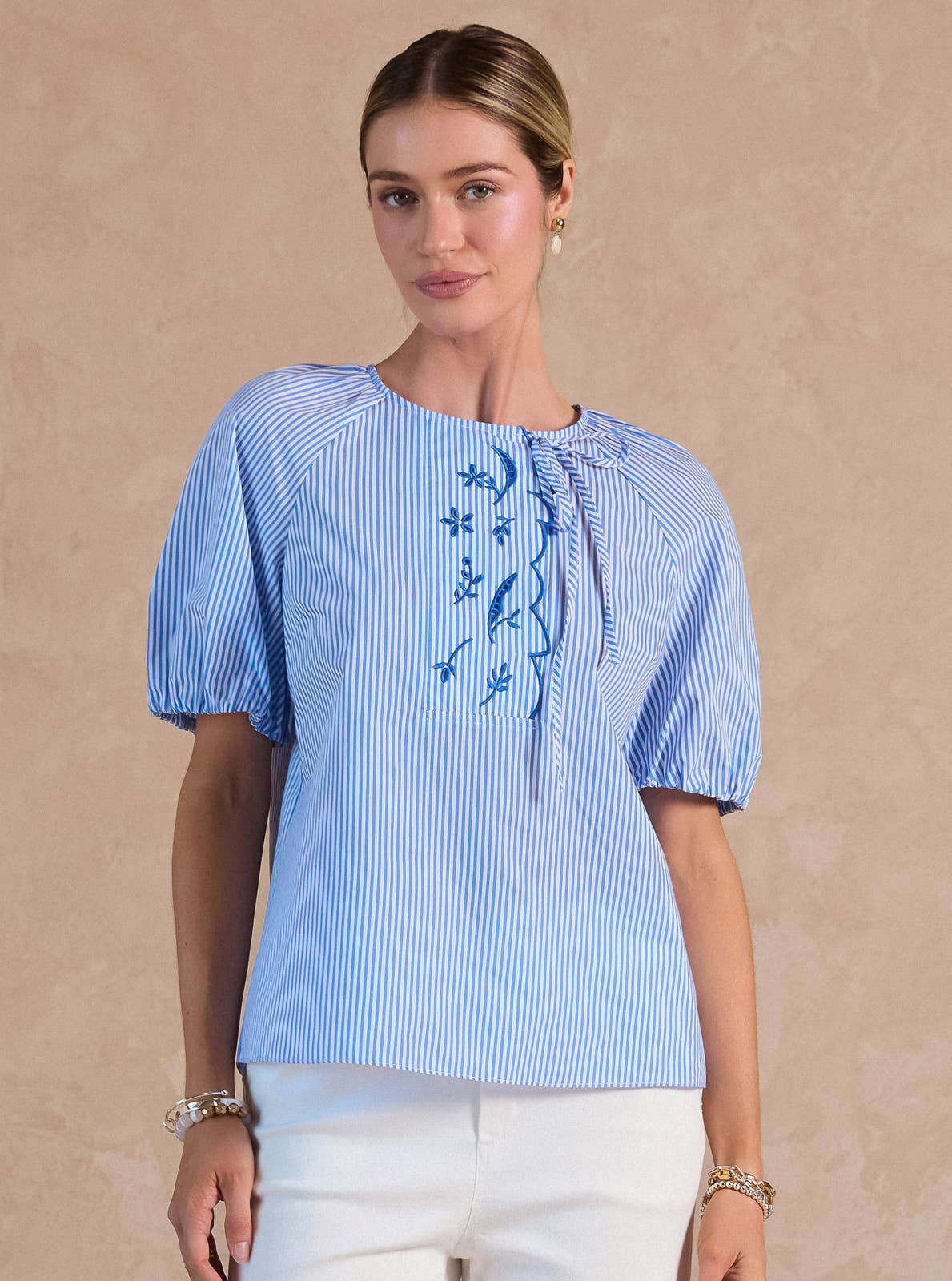 Striped Embroidered Short Sleeve Blouse