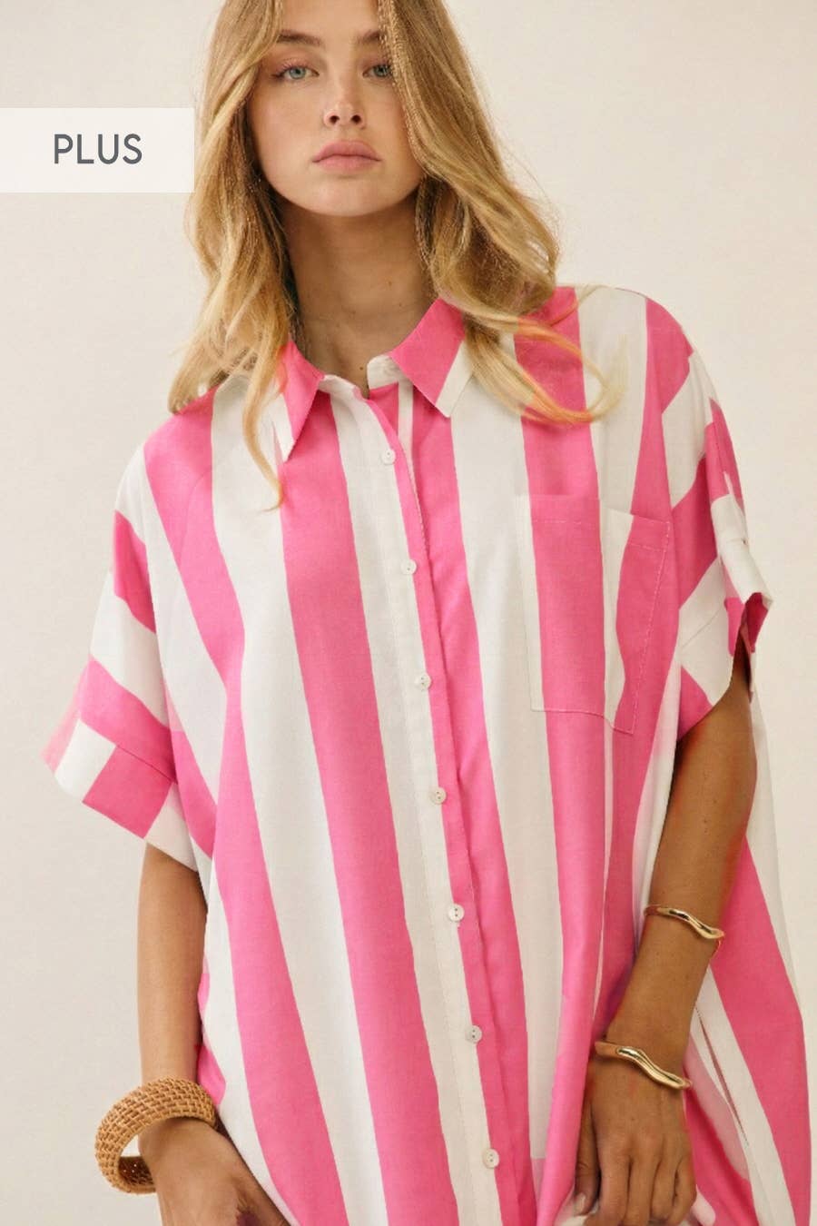 Plus Vertical Stripe Short Sleeve Button-up Shirt Dress
