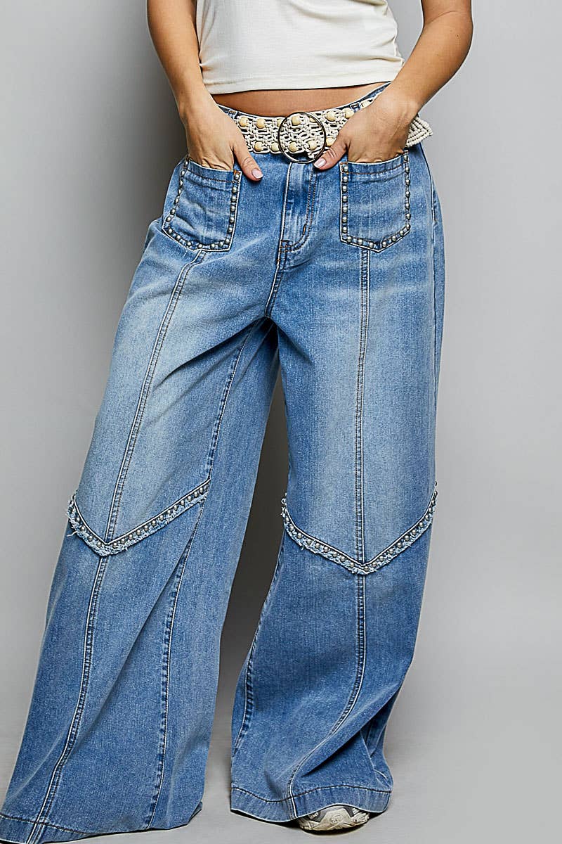 Vintage Washing Solid Back Elastic Band High Rise Wide Pants