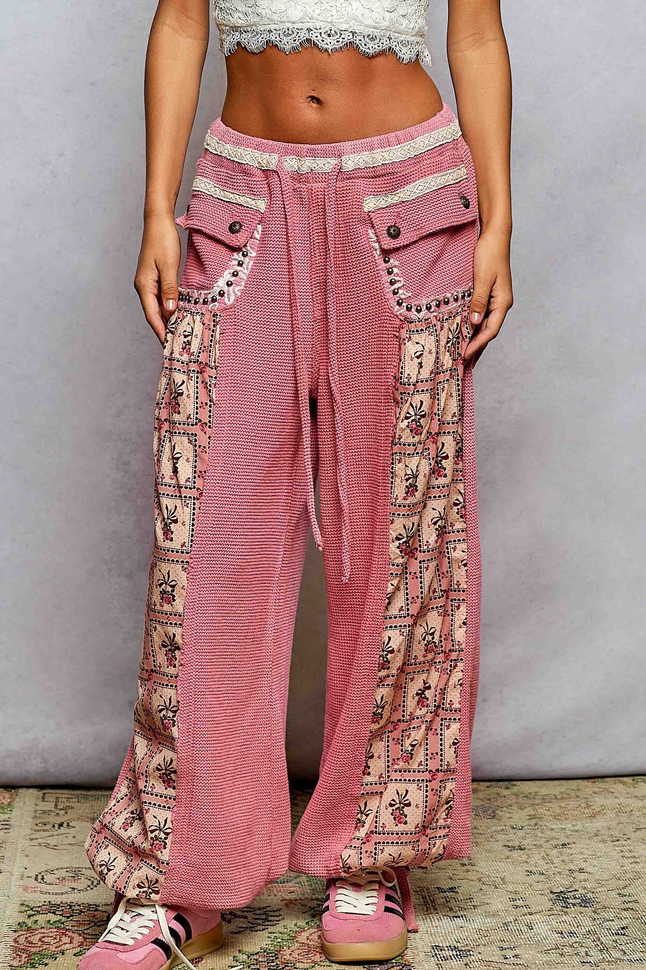 Elastic Band Floral Print Patch Stud Detail Jogger Pants