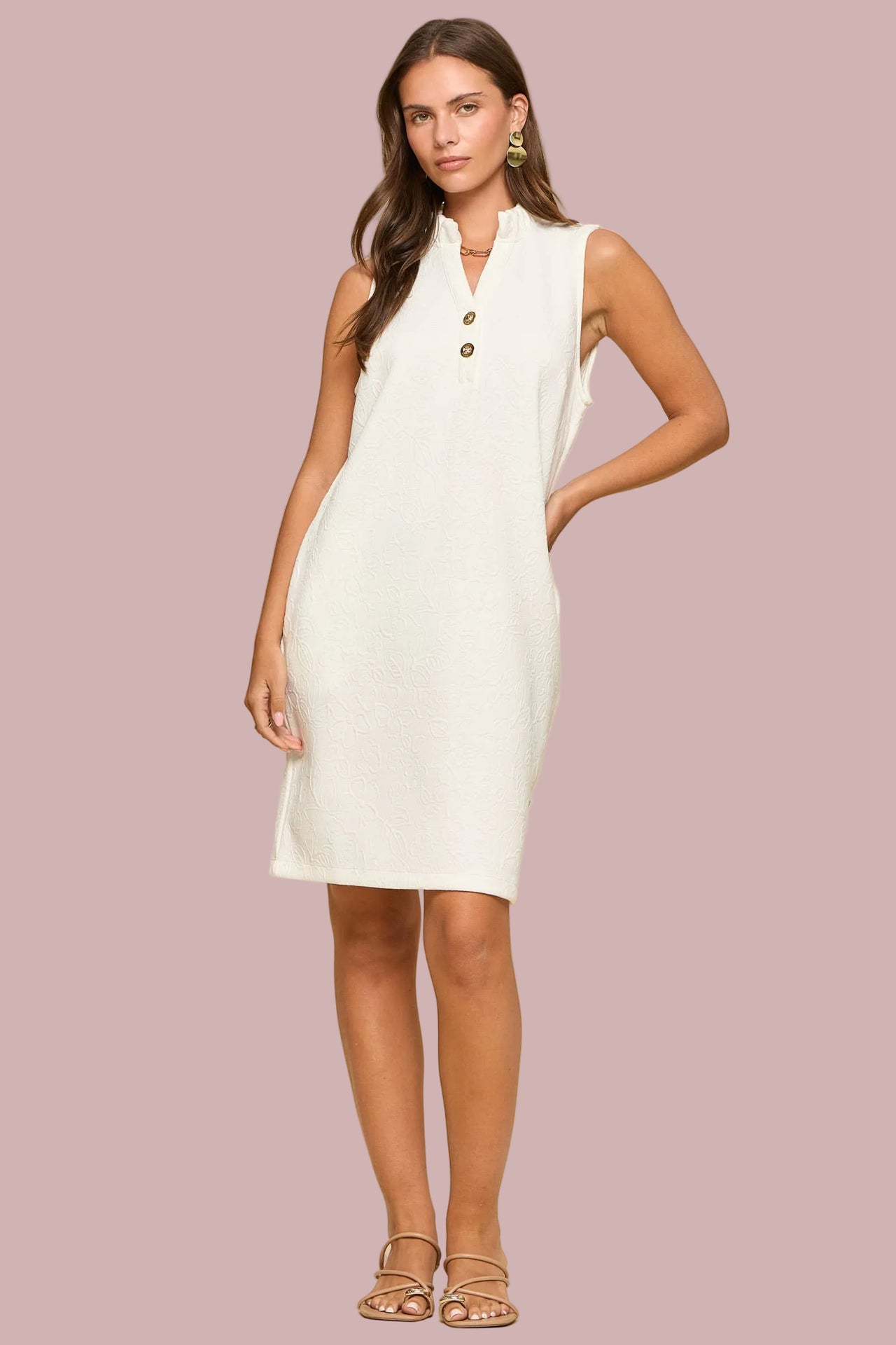 Jacquard Ruffle Collar A-Line Dress w/Pockets