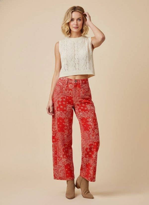 Bandana Print High-Rise Barrel Pants