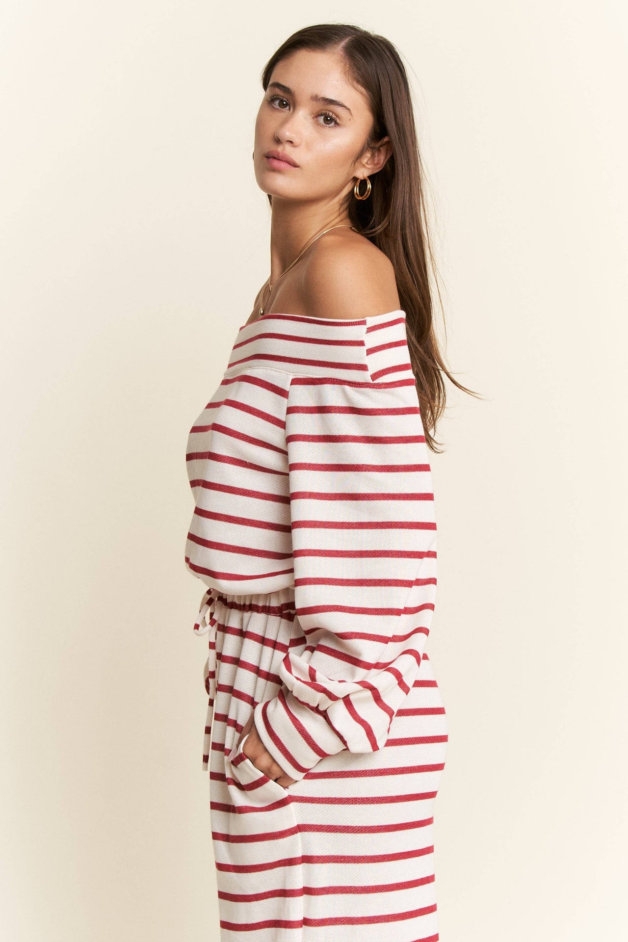 Off-Shoulder Terry Striped relaxed Fit Jumpsuit