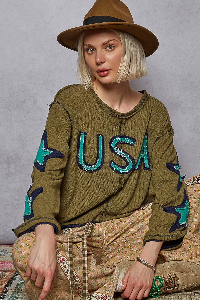 POL Round Neck Long Sleeve USA Solid Top