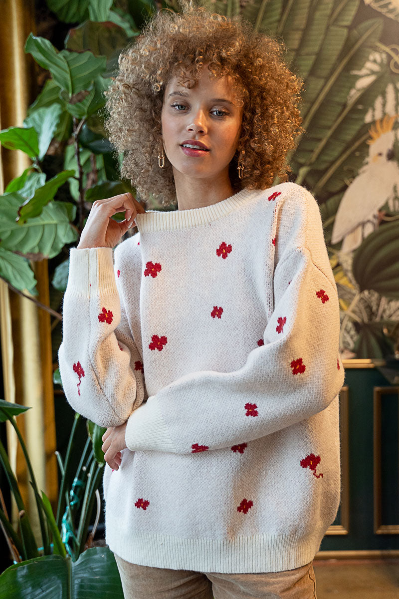 POL Round Neck Flower Knit Acrylic Sweater - Oversize