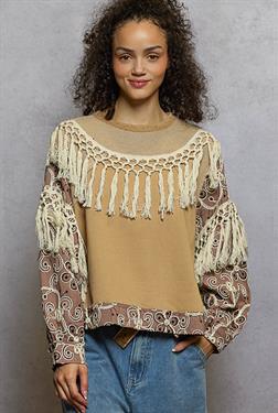 POL Round Neck French Terry Embroidered Sleeve Contrast Top