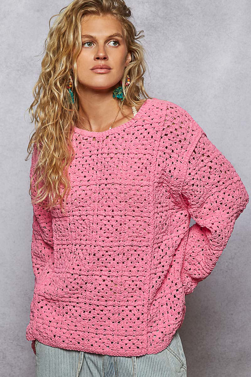 POL Open Knit Crochet Pullover Sweater - One Size - Fits Up to L/XL