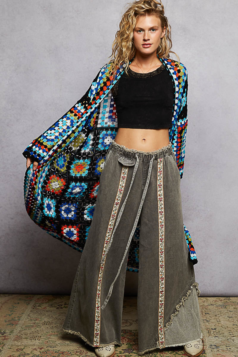POL Long Sleeve Crochet Cardigan Black-One Size-Fits up to L/XL